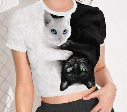 Women's Black & White Cat Print Round Neck Short Sleeve Slim Fit Crop Tee T Shirt - Medium (Size 6)