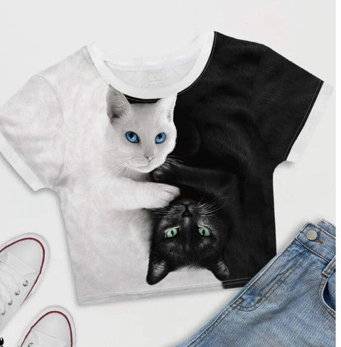 Women's Black & White Cat Print Round Neck Short Sleeve Slim Fit Crop Tee T Shirt - Medium (Size 6)