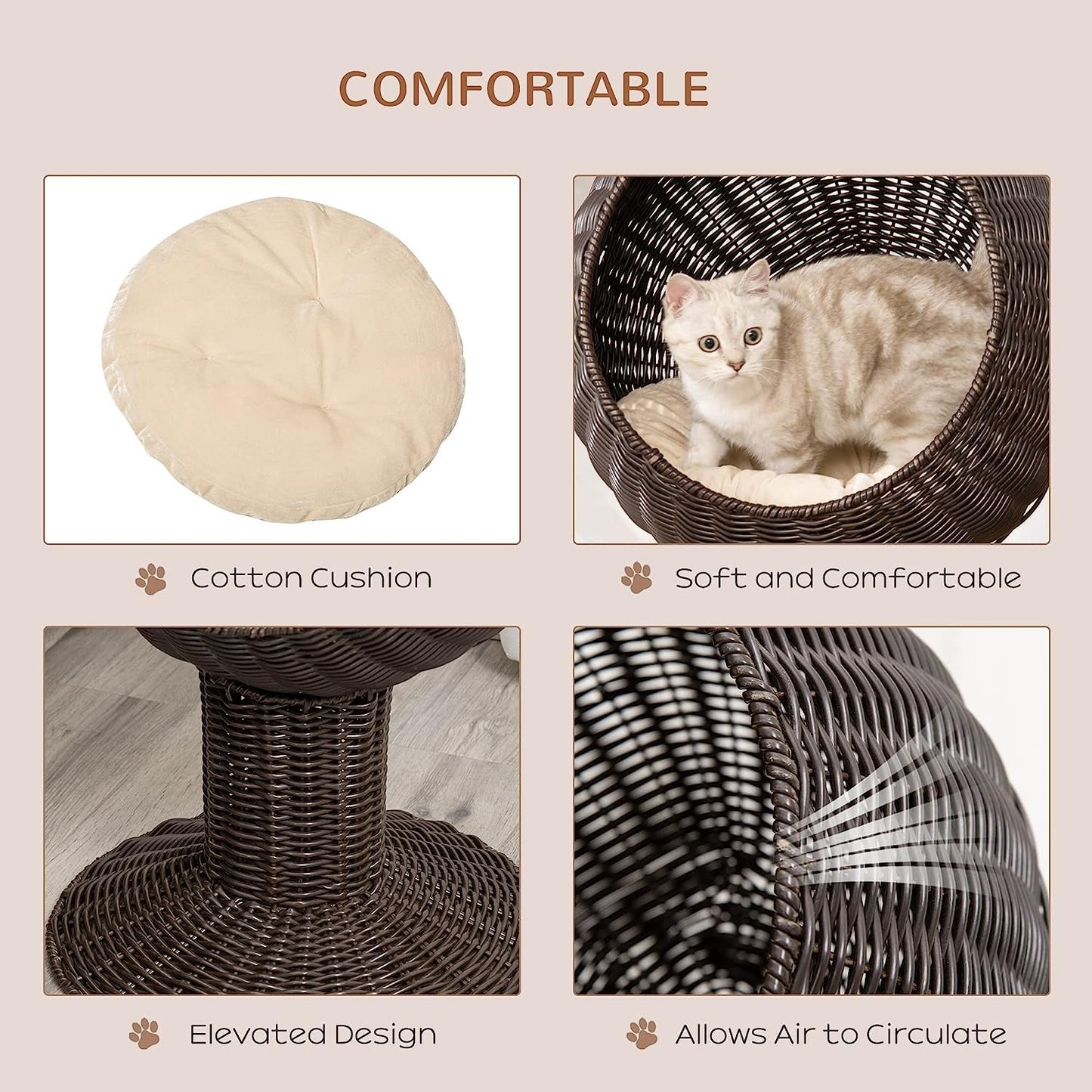 Hooded Rattan Wicker Elevated Cat Bed - Coffee