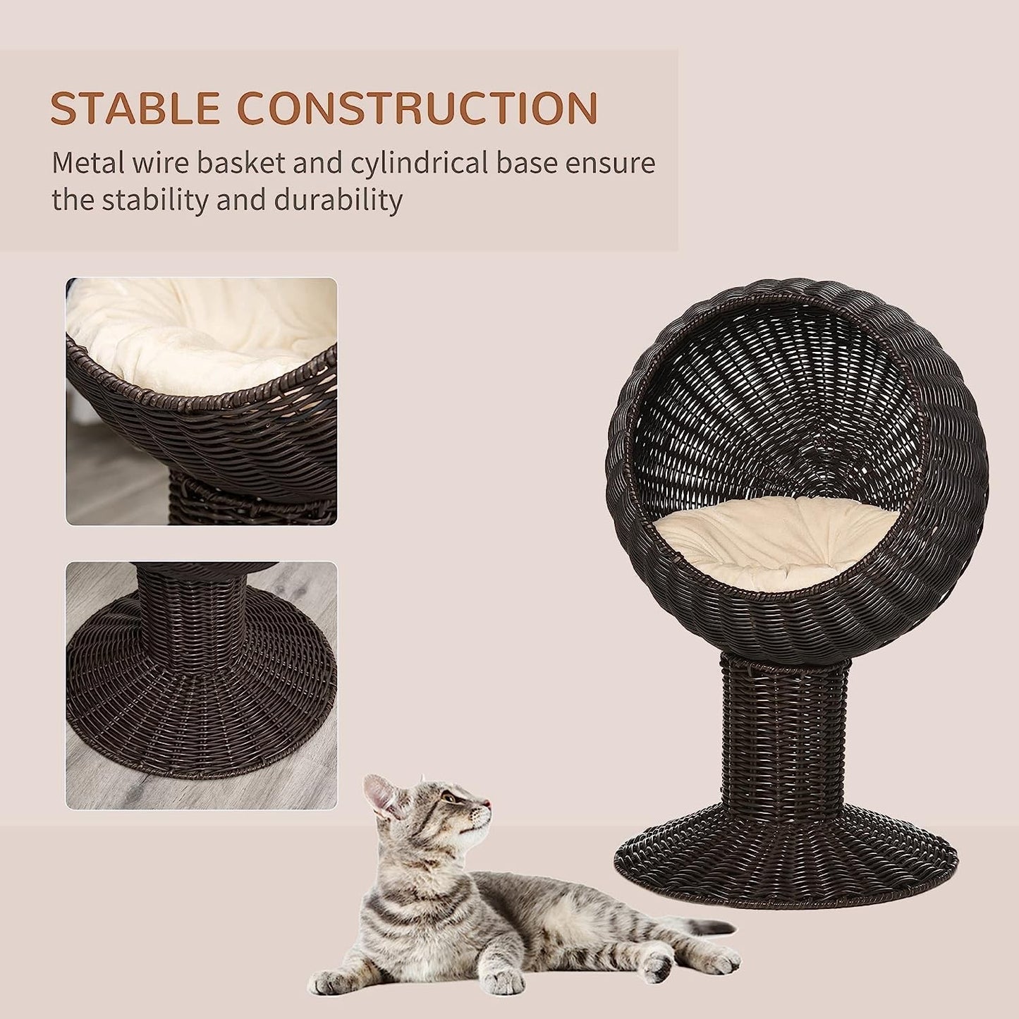 Hooded Rattan Wicker Elevated Cat Bed - Coffee