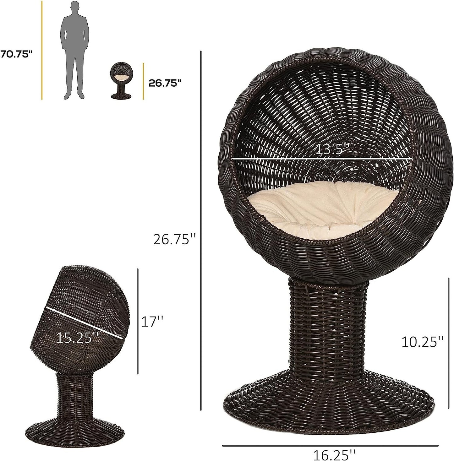 Hooded Rattan Wicker Elevated Cat Bed - Coffee