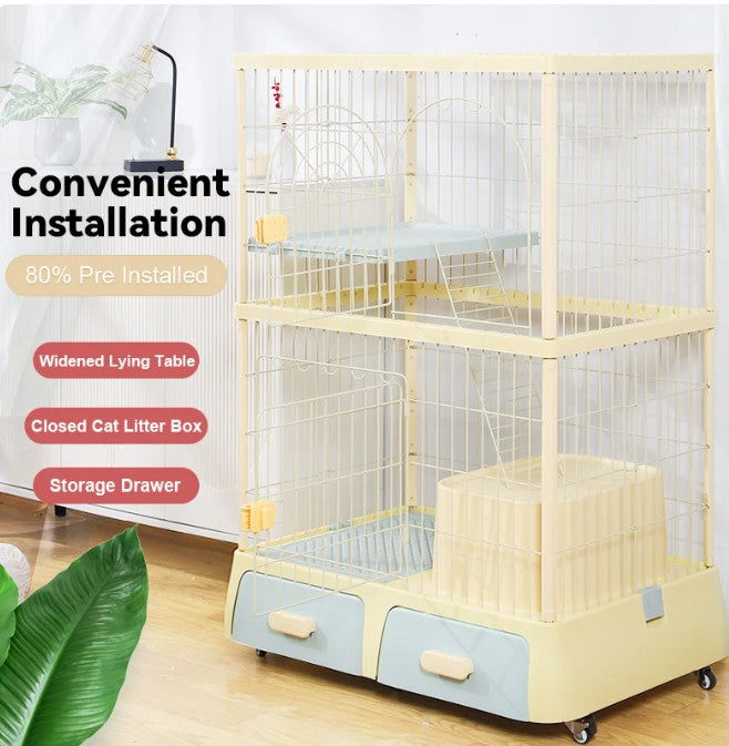 2 Tier Kitty Enclosure with Enclosed Litterbox (Yellow)