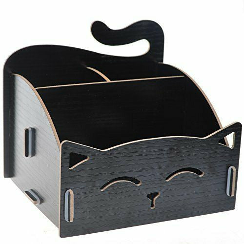 Wood DIY Assemble Cute Cat Pen Pencil, Cosmetic Holder Desk Organizer for Home, Office (Black Color