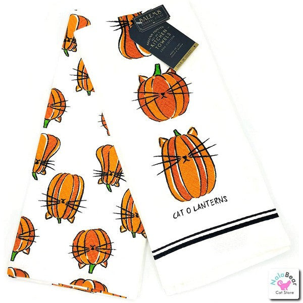 Salem's General Store Cat O'Lantern Pumpkin Kitchen Towel Set Soft Cotton Dishtowels 3 pcs