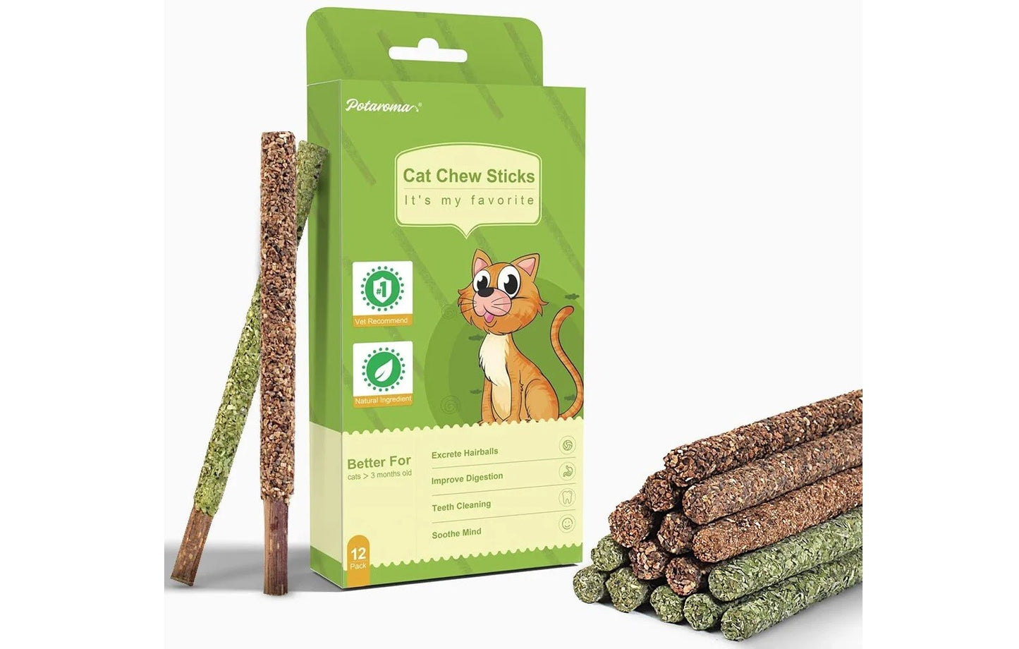 Potaroma 12Pcs Natural Silvervine, Catnip, Gall fruit Sticks