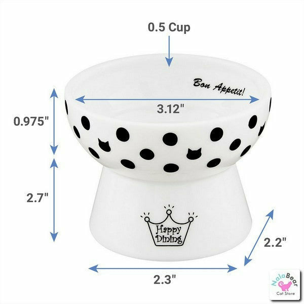 Necoichi Ceramic Elevated Cat Food Bowl, Polka Dot, 0.5-cup