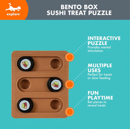 Quirky Kitty Sushi Hunter Bento Box Puzzle - Interactive Treat Puzzle Toy with Catnip Packet for Mental Engagement and Slow Feeding