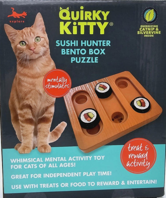 Quirky Kitty Sushi Hunter Bento Box Puzzle - Interactive Treat Puzzle Toy with Catnip Packet for Mental Engagement and Slow Feeding