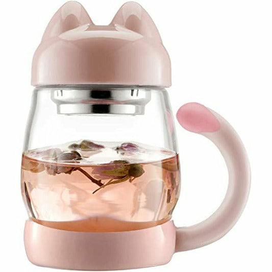 White Kitty Shaped Coffee & Tea Infuser with Pink Tail (with black Cat coaster)